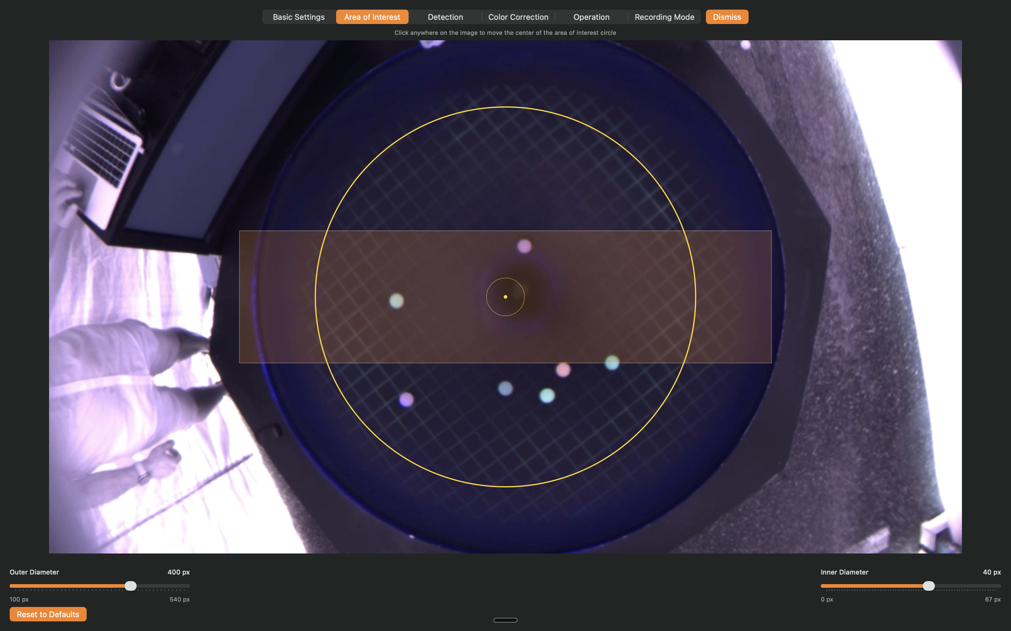Area of Interest page with configurable detection region