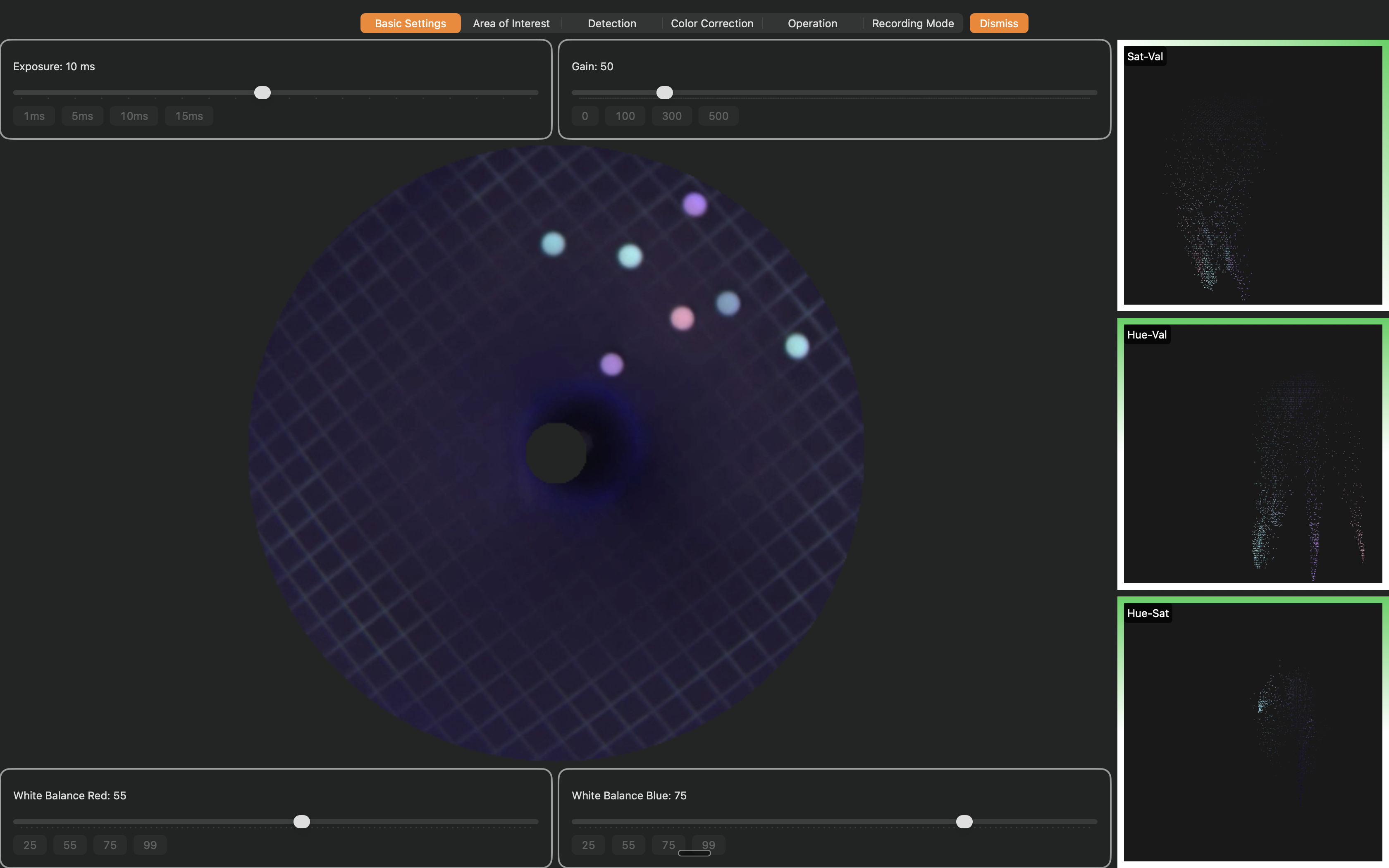 Basic Settings page showing camera feed with glowing balls and HSV analysis plots