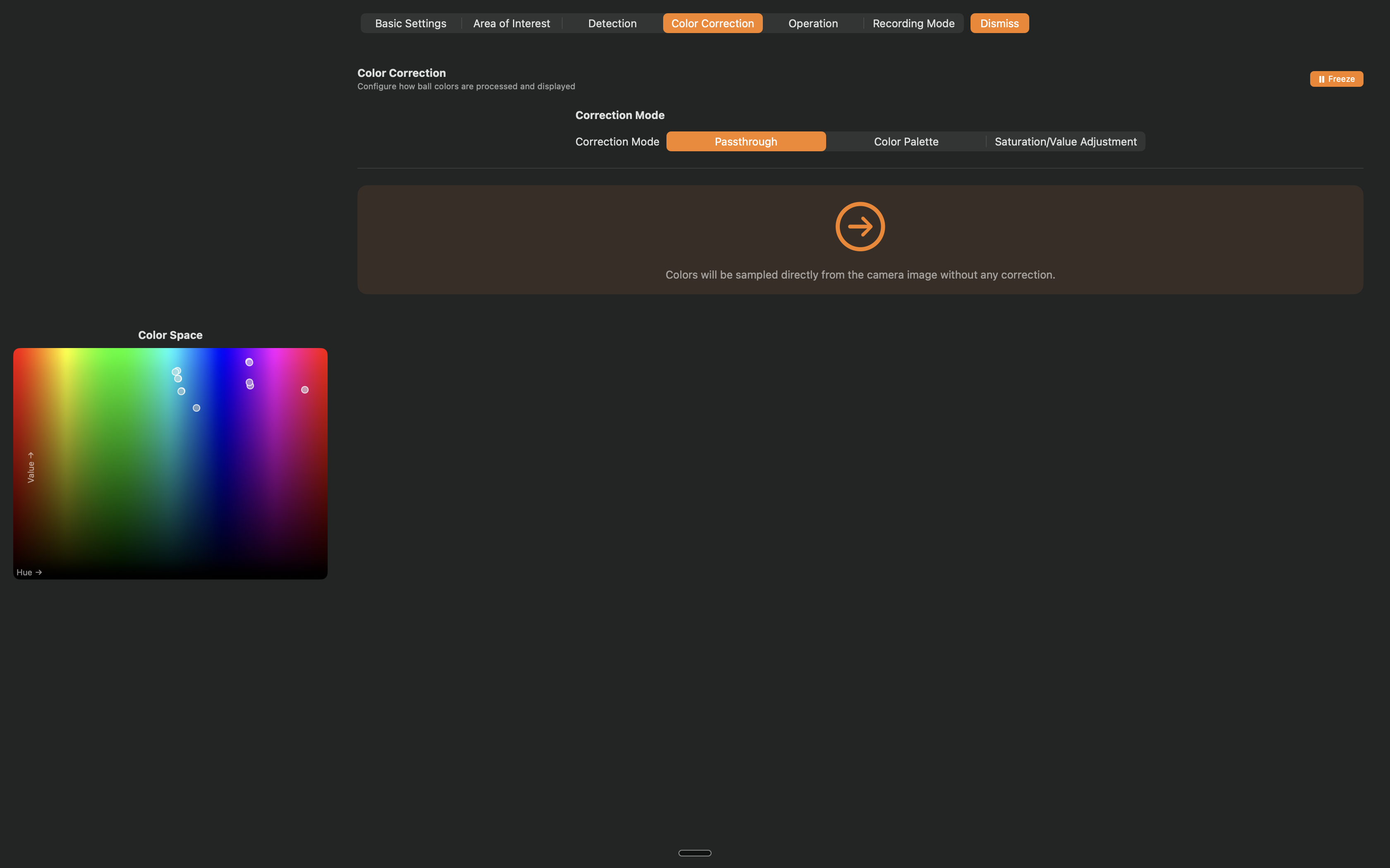 Color Correction page with color space visualization