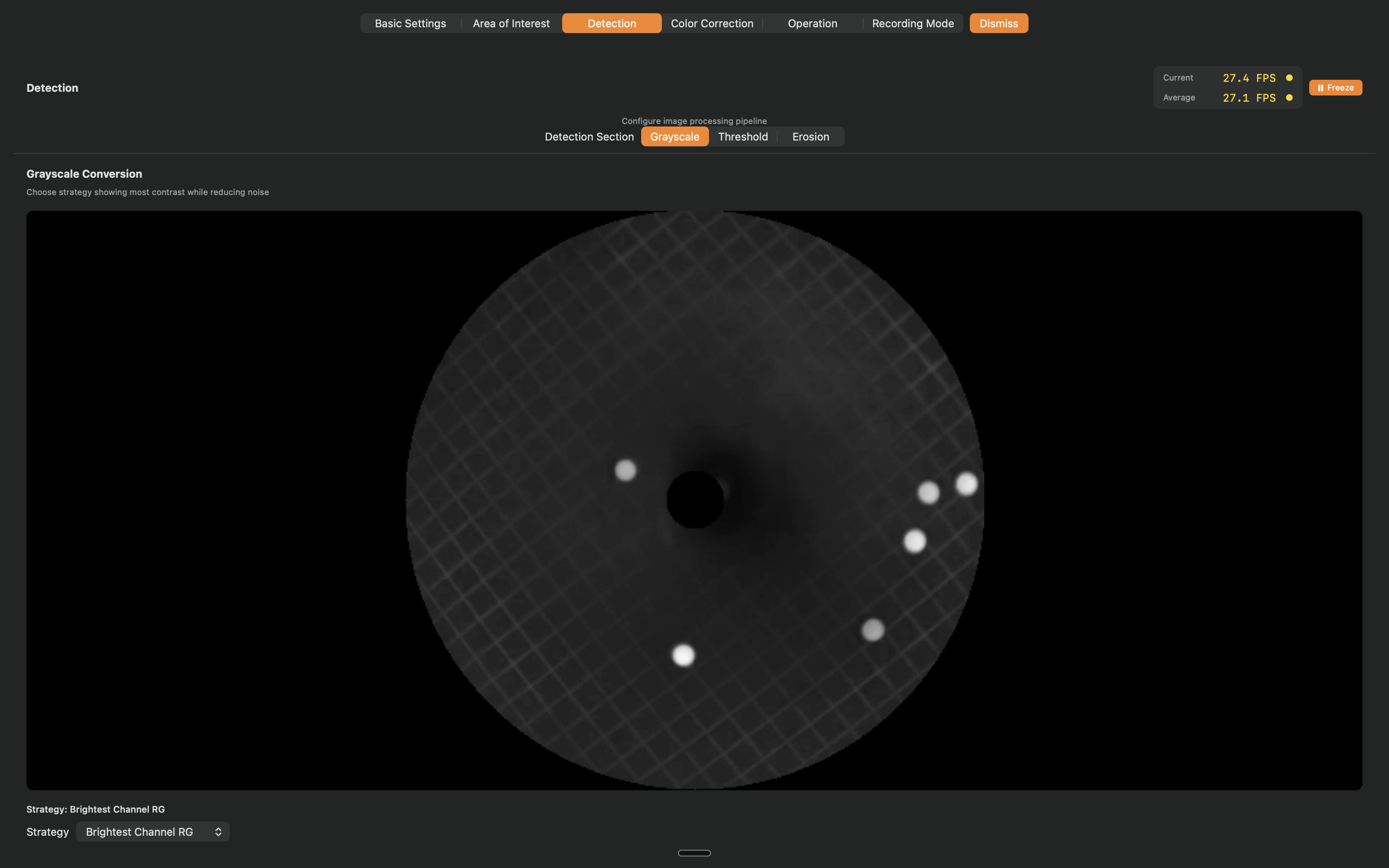 Detection page showing the grayscale processing step with a live frame-rate readout