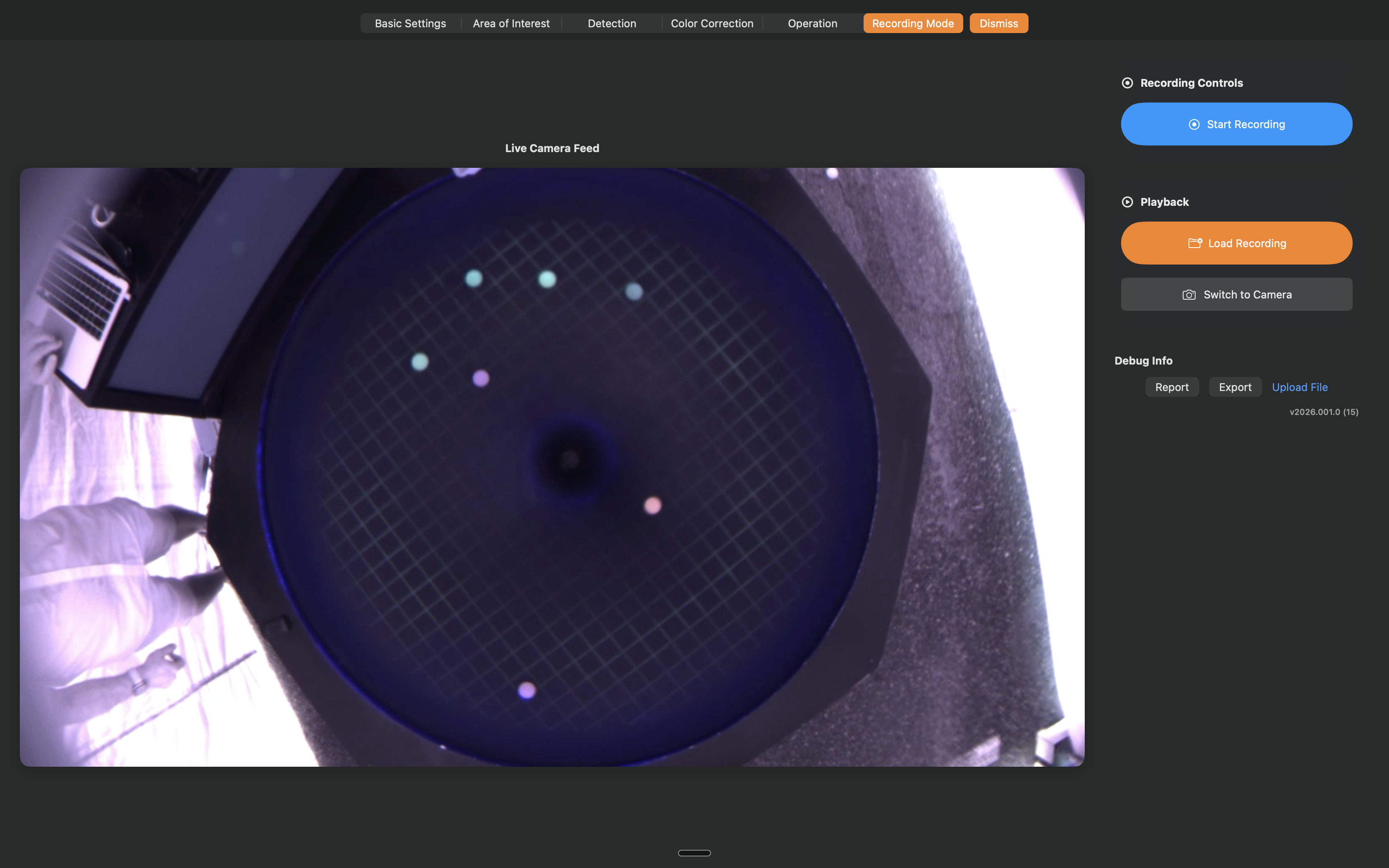 Recording Mode page showing live camera feed with recording and playback controls