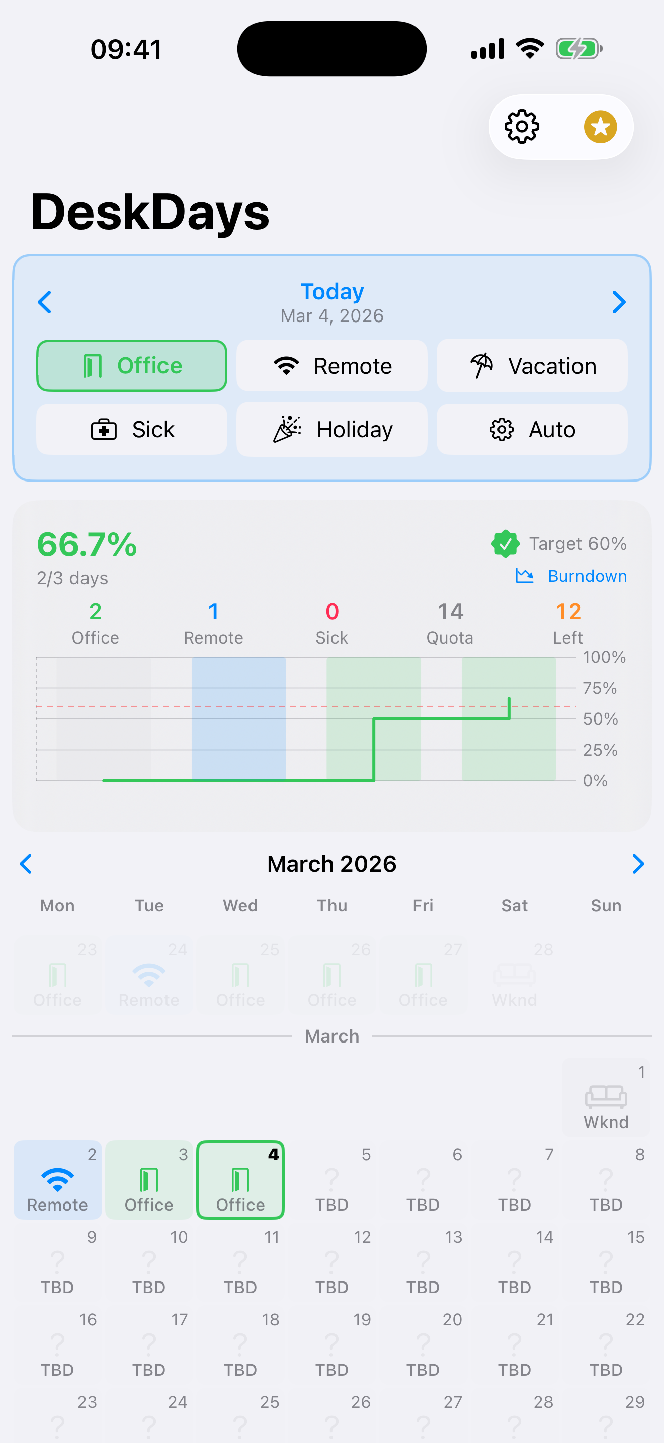 DeskDays calendar view with color-coded attendance days and progress percentage