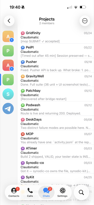 Telegram Projects group: one topic per project, including a Patchbay topic showing a recovered-after-restart message