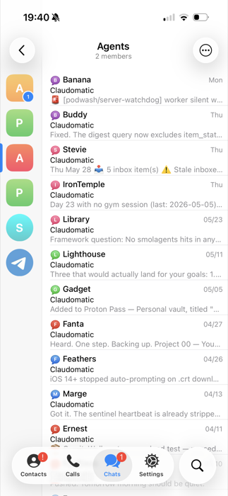 Telegram Agents group: one topic per agent identity