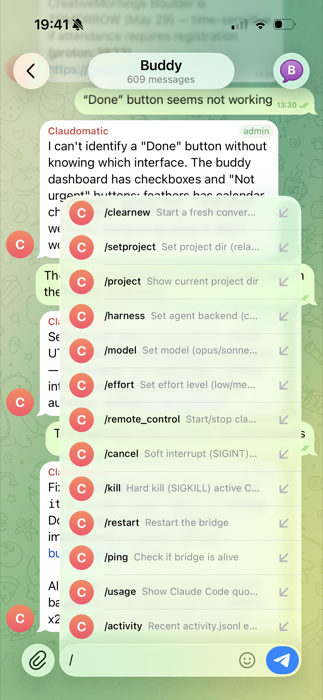 Telegram slash-command menu: setproject, harness, model, effort, remote_control, kill, restart, ping